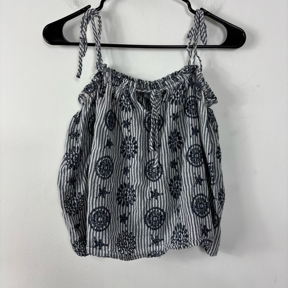 Aerie Tank Top Womens S Tie Straps Nautical Stripe Eyelet Pattern Elastic Top
